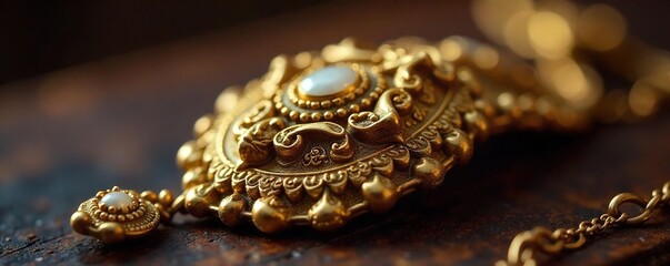 Shimmering Antique Gold Jewelry Close-up of Ornate Details Reflecting a Luxurious Heritage, Perfect for Vintage & Luxury Projects