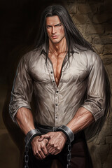 Mysterious Dark Elf Male Character Portrait, Fantasy Prisoner Art with Chains, Gothic Warrior Elf Illustration, High Fantasy Concept, Long Black Hair, Pointed Ears