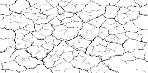 Black and white cracked earth texture, depicting dryness and erosion. Ideal for climate change, drought, desertification, or natural disaster themes in art, design, or environmental awareness.