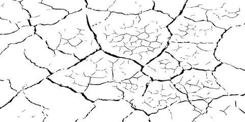 Black and white cracked earth texture, depicting dryness and erosion. Ideal for climate change, drought, desertification, or natural disaster themes in art, design, or environmental awareness.
