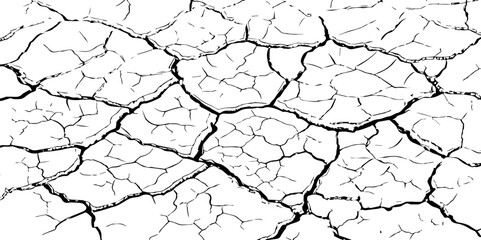 Black and white cracked earth texture, depicting dryness and erosion. Ideal for climate change, drought, desertification, or natural disaster themes in art, design, or environmental awareness.