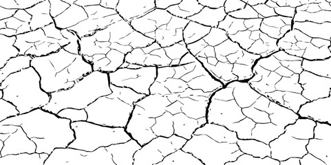 Black and white cracked earth texture, depicting dryness and erosion. Ideal for climate change, drought, desertification, or natural disaster themes in art, design, or environmental awareness.