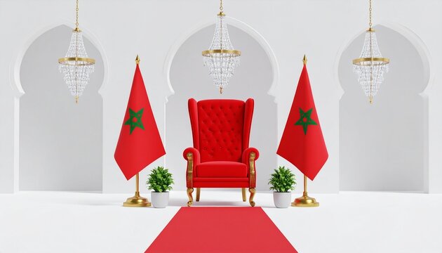 Moroccan throne room with red chair, flags, chandeliers and arches for royal setting. Independence day concept