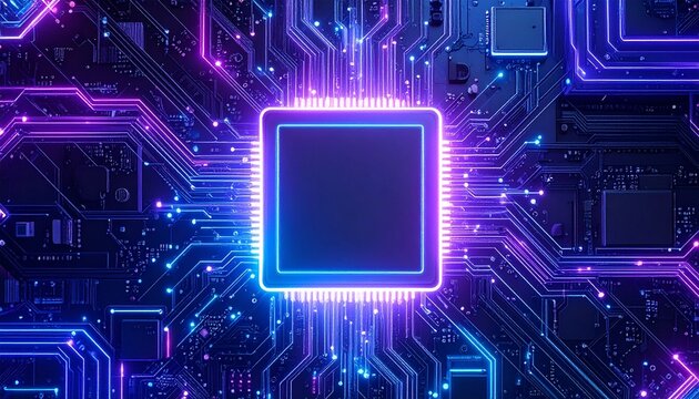 Futuristic glowing circuit board with central processor unit and neon light trails