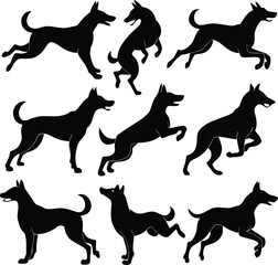 Set of black dog silhouettes depicting various poses and movements against white background