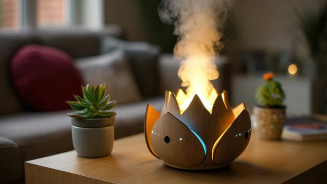 Modern living room interior with wooden lotus shaped aroma oil diffuser emitting soft light and mist