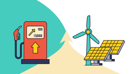 Conceptual transition from fossil fuels showcasing gas pump going to wind turbine and solar panels, highlighting renewable energy sources