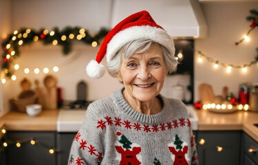 A kind elderly woman in a Santa hat and a cozy sweater smiles at the camera. Festive kitchen, the atmosphere of Christmas, New Year, warmth and comfort