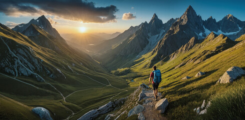 A tourist with a large hiking backpack travels in the mountains against the backdrop of magnificent mountain ranges in the rays of the setting sun. The concept of travel
