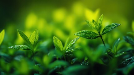 Obraz premium Fresh sprouts glistening with morning dew in a vibrant green meadow landscape