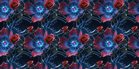 Abstract seamless background featuring futuristic roses with glass spheres and stems. Fantasy digital art in the high-tech cyberspace. Design for fabric, textile, designer clothing and web design