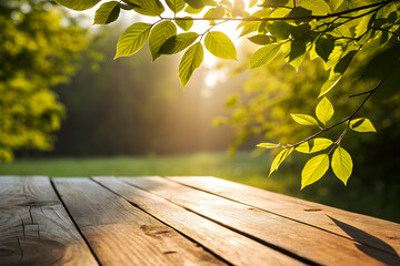 Wooden Table with Fresh Green Leaves in Morning Sunlight