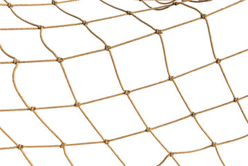 Football or tennis net. torn Rope mesh on a white background close-up