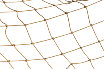 Football or tennis net. torn Rope mesh on a white background close-up