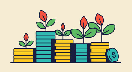 Obraz premium Conceptual growth showcasing stacked coins with plants, symbolizing investment strategy, financial growth, and long term investment success