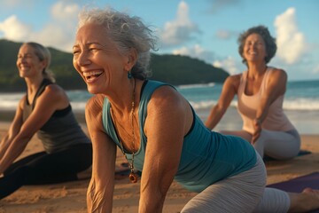 Senior women laughing practicing yoga on beach at sunset Three mature females in activewear doing stretching exercises