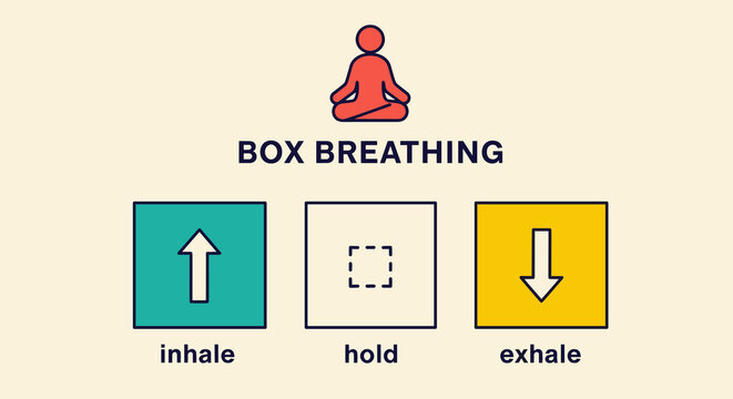 Box breathing technique emphasizing mental wellbeing, featuring inhale, hold, and exhale steps representing mindfulness and stress reduction