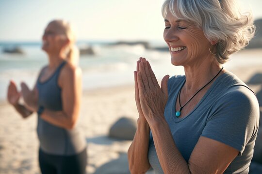 Senior woman practicing yoga on a beach hands in prayer position another woman in the background