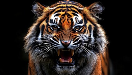 Obraz premium Close-up of a fierce tiger growling, showing sharp teeth and intense eyes against a dark background.