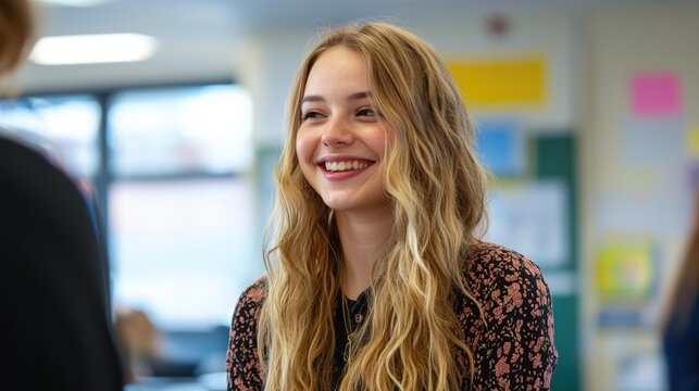 A young woman with long blonde hair smiling in a classroom setting.