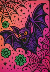 Obraz premium vibrant illustration of a spooky bat flying through a colorful background decorated with flowers and spiderwebs, perfect for Halloween-themed designs