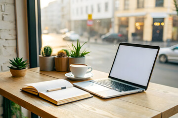 Cozy Workspace with Laptop, Coffee, and Plants by Window