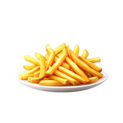 A generous portion of golden brown french fries piled high on a white plate isolated on transparent background