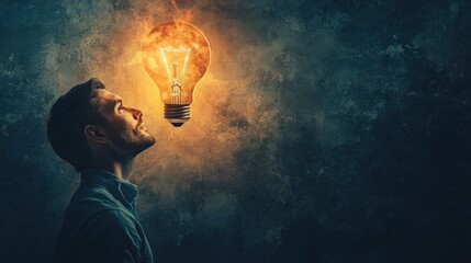 A man looking up at a glowing light bulb with a dark, textured background.