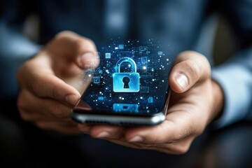 A person holding a smartphone with a glowing digital padlock hologram, symbolizing mobile security and data protection.