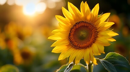 Fototapeta premium A bright yellow sunflower stands in a field with a blurred background of other sunflowers as the sun sets behind, bathing the scene in warm golden light.