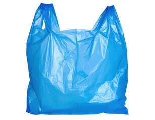 A crumpled blue plastic shopping bag with handles, commonly used for carrying groceries and other items.
