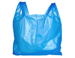 A crumpled blue plastic shopping bag with handles, commonly used for carrying groceries and other items.