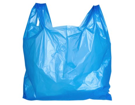 A crumpled blue plastic shopping bag with handles, commonly used for carrying groceries and other items. - Powered by Adobe