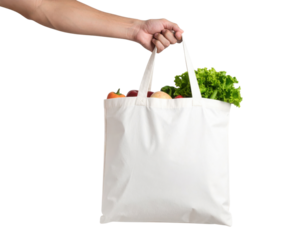 A hand holds a white reusable grocery bag filled with fresh vegetables, including lettuce and tomatoes, against a black background.