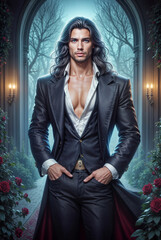 Gothic Fantasy Prince in Black Suit, Handsome Long-Haired Male Character, Dark Romance Nobleman Illustration, Vampire Aesthetic with Roses, Mysterious Castle Garden Portrait