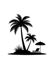 Obraz premium Black silhouette of two palm trees on a tropical island with lounge chair and umbrella