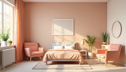 Bright, cozy bedroom interior featuring a bed, two armchairs, a window with curtains, and plants, all in warm, peach tones.