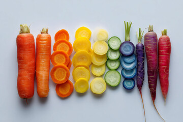 Rainbow assortment of whole and sliced carrots arranged by color on white background
