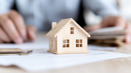 A miniature wooden house model on paperwork symbolizes real estate business, investment, and home buying.