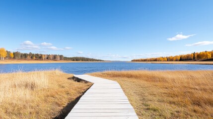A serene wooden pathway leads into a tranquil lake, surrounded by autumn foliage under a bright blue sky.