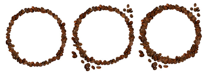 Coffee round shape frames set isolated on transparent background. Many beans circle laid out PNG....