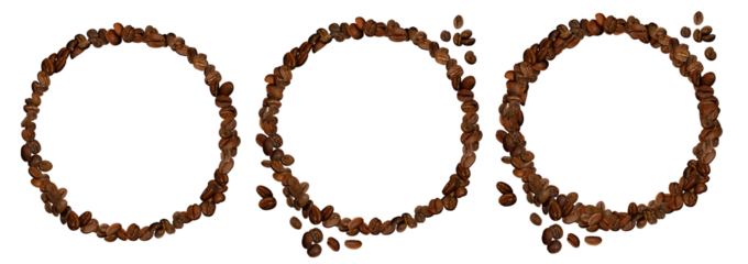 Coffee round shape frames set isolated on transparent background. Many beans circle laid out PNG. Big roasted grains banner template. Cut out photo for cosmetic, liqueur, syrup, skincare packaging