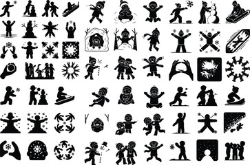 Children Winter Activities Icons – Snow Day Silhouette Vector Pack Kids Playing in Snow Silhouette Set – Winter Fun Icon Collection