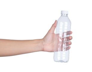 A hand is holding a clear plastic water bottle with a white cap.