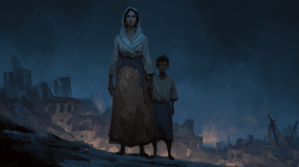 Woman and child stand together in a devastated landscape during twilight. Shadowy ruins surround them, creating a somber yet hopeful atmosphere