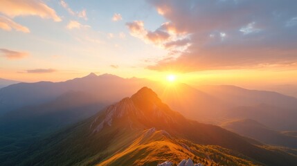 Obraz premium Breathtaking mountain sunrise view with vibrant colors and serene atmosphere for nature lovers.