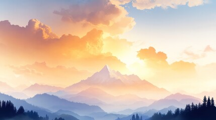 Breathtaking sunrise over majestic mountains, painted skies create a serene atmosphere in nature's beauty.
