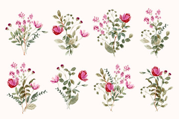 romantic pink wildflower watercolor bouquet collection