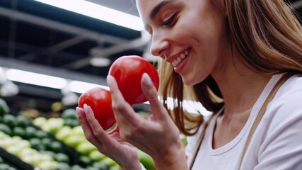 Woman selecting fresh produce in grocery store: choosing the perfect tomato