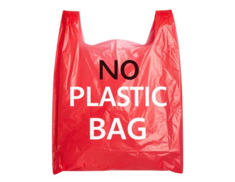 Red plastic bag with the bold white and black text "NO PLASTIC BAG" warning against the use of plastic bags.